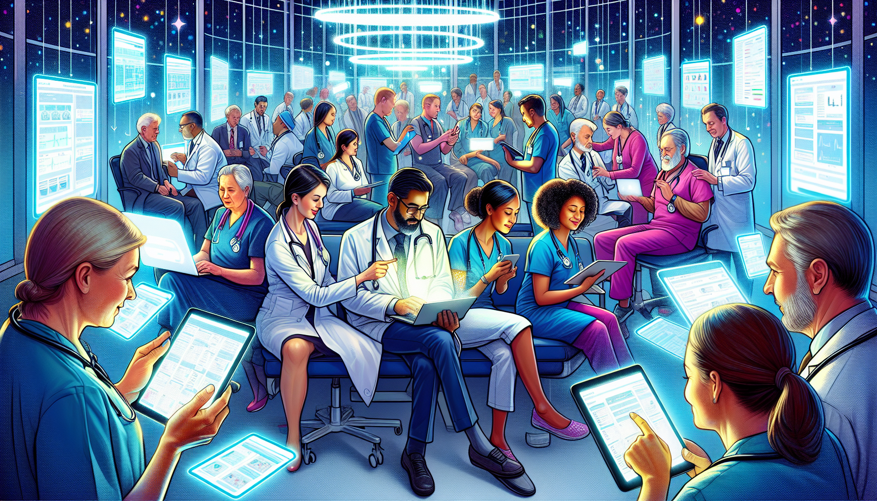 Cartoon of enhanced care coordination and patient engagement through EMR systems