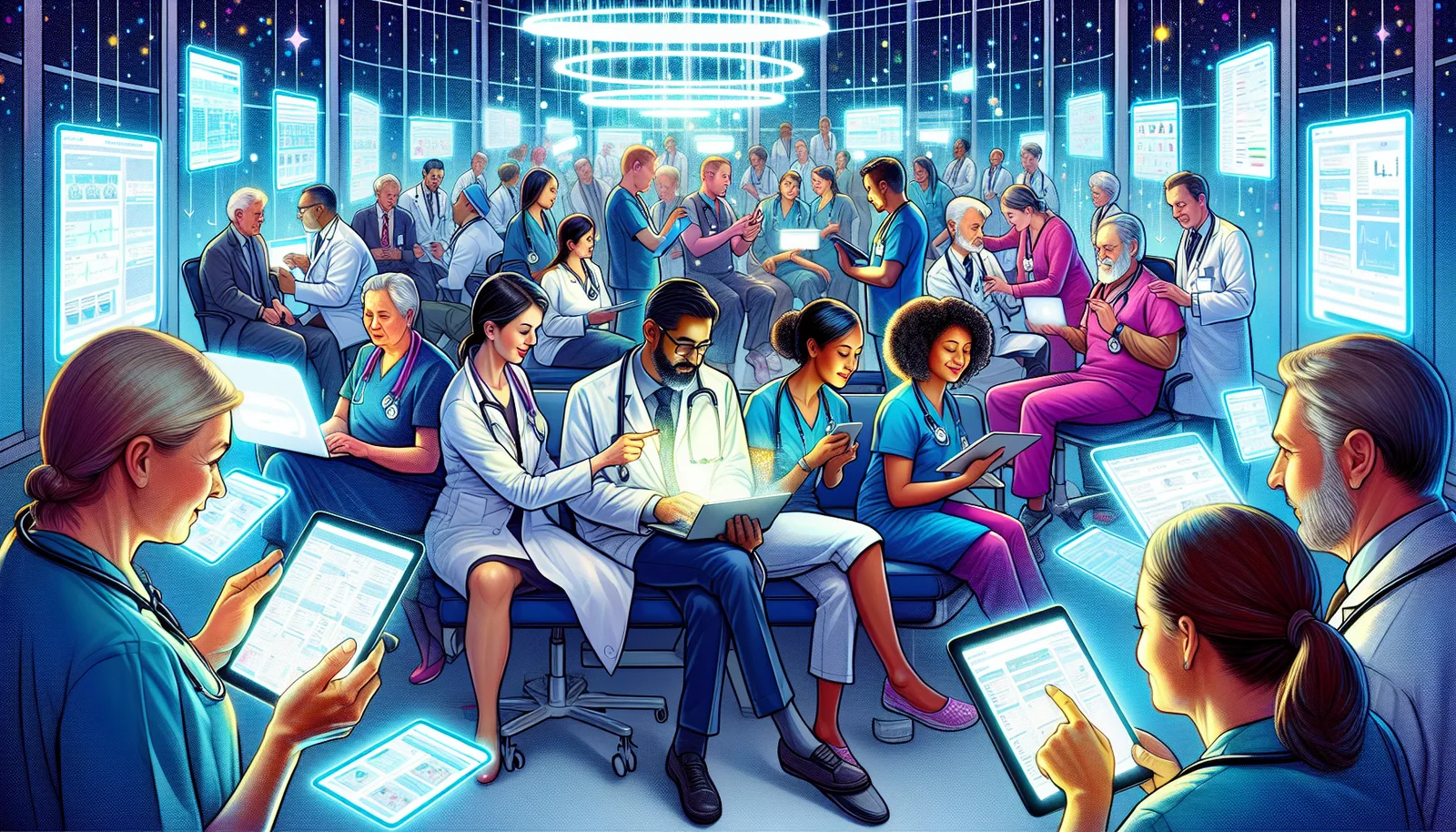 Cartoon of enhanced care coordination and patient engagement through EMR systems