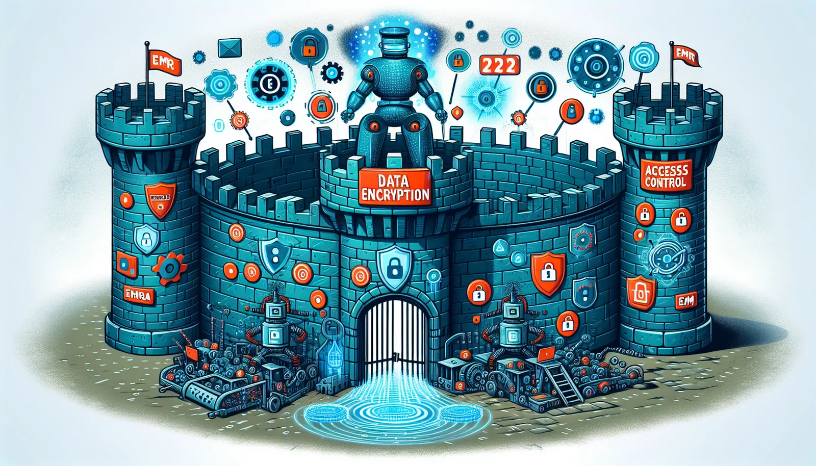 Cartoon of built-in security measures and compliance in EMR systems