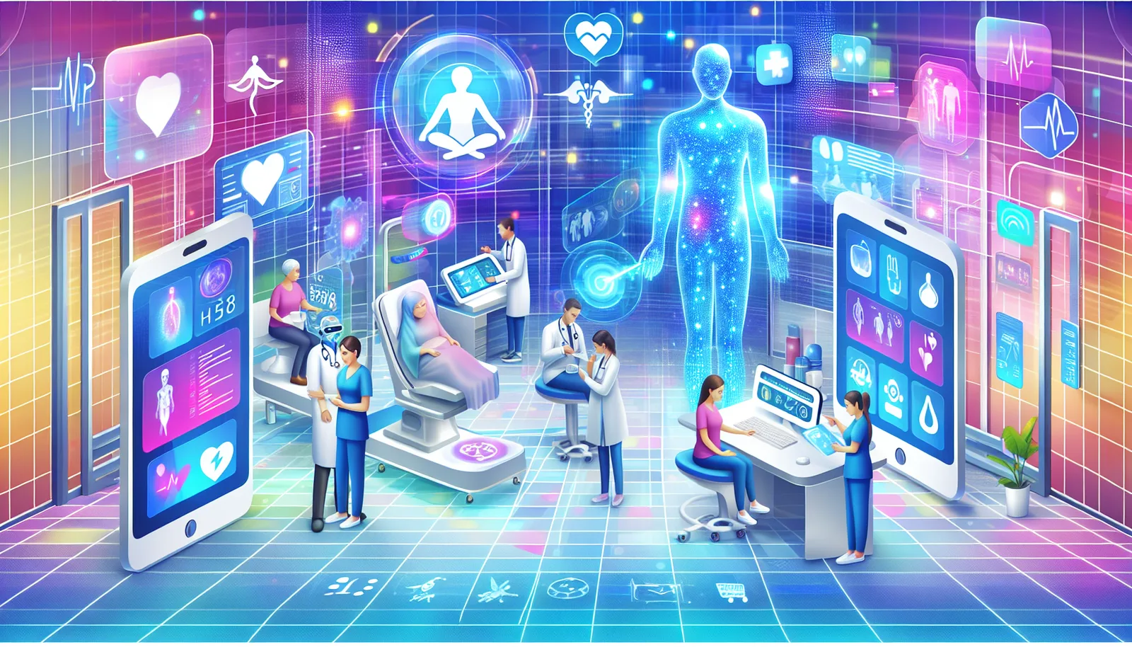 An illustration representing emerging trends in healthcare software development, including AI and mobile health applications.
